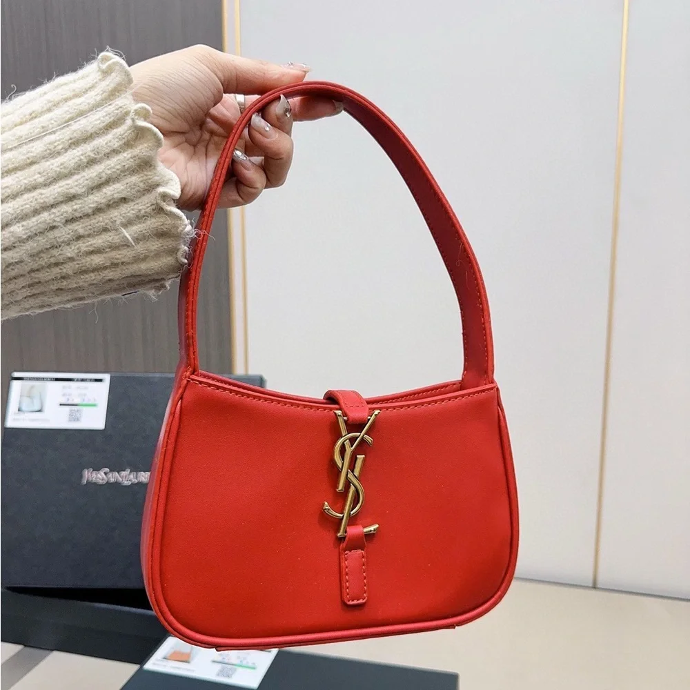 Yves Saint Laurent Red Shoulder Bag with Gold Accents
